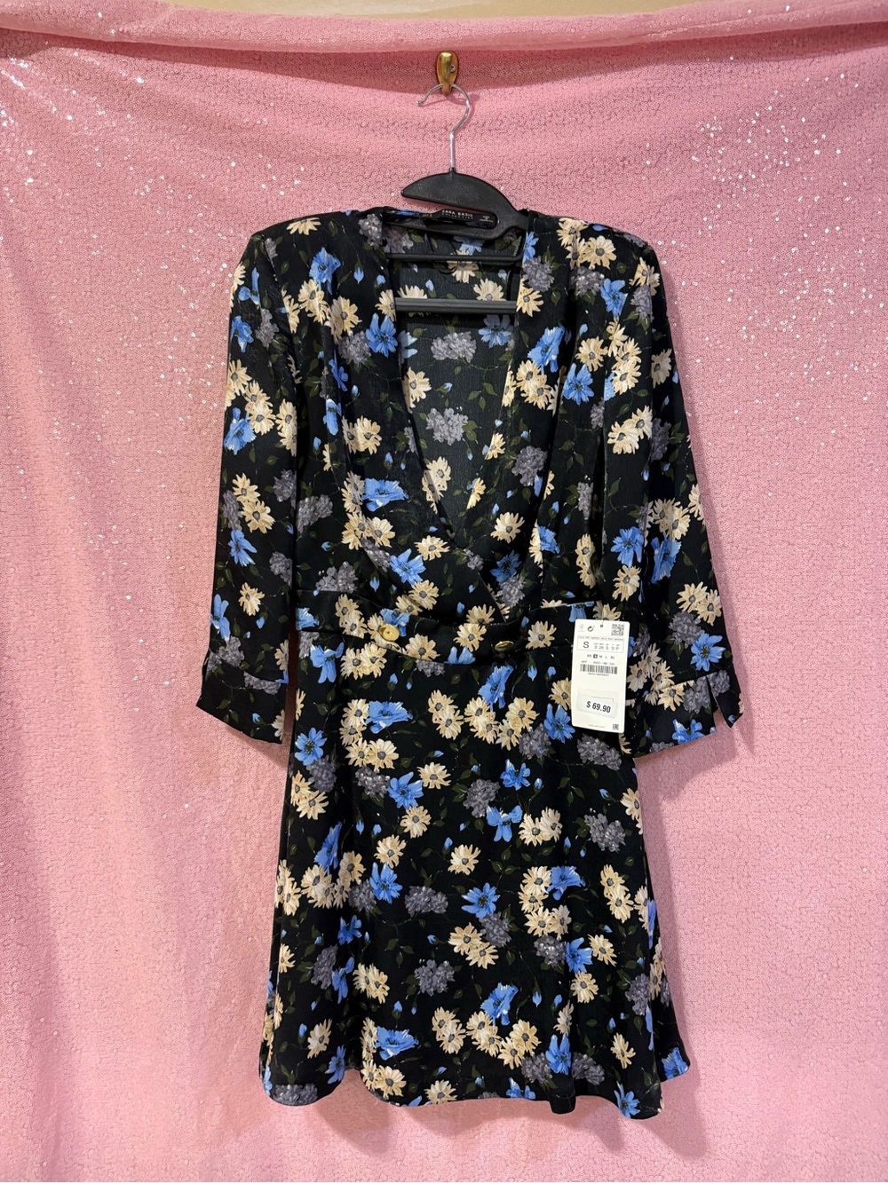 Zara Black Floral Wrap Mini Dress with Blue & Cream Flowers N2